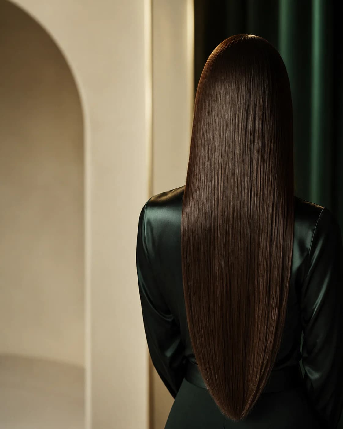Cabelo castanho longo e liso numa composição editorial